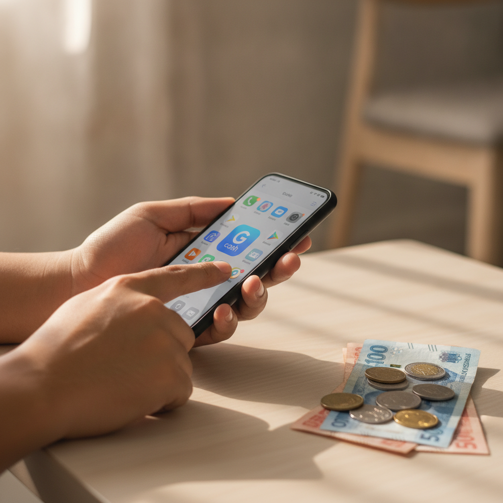 Hands using smartphone for GCash mobile payment in the Philippines